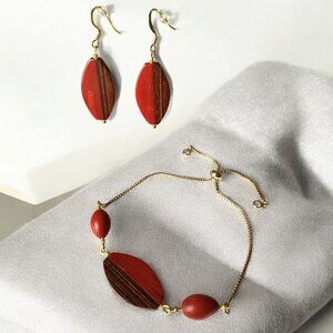 Reimagined Wood Gold Tone Lariat Bracelet and Earring Set